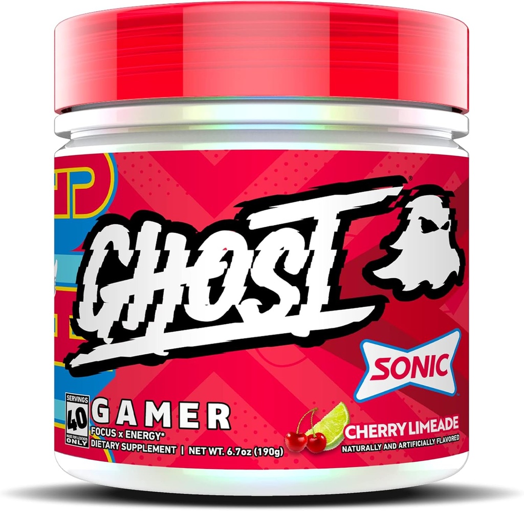 GHOST Gamer: Energy and Focus Support Formula - 40 Servings, Sonic Cherry Limeade - Nootropics & Natural Caffeine for Attention, Accuracy & Reaction Time - Vegan, Gluten-Free
