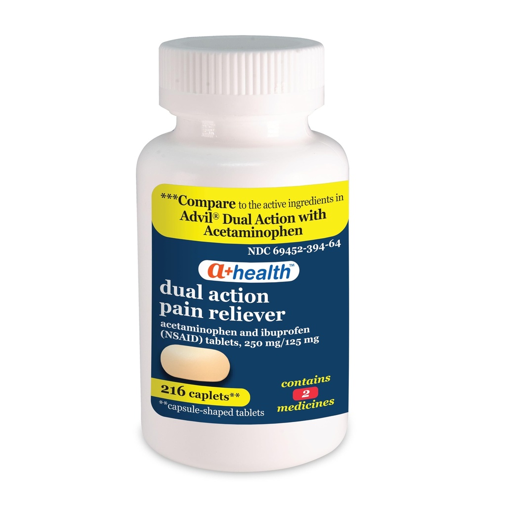A+Santé Acétaminophène à double action 250 mg et Ibuprofène (AINS) 125 mg Caplets anti-douleur, 216 Nombre