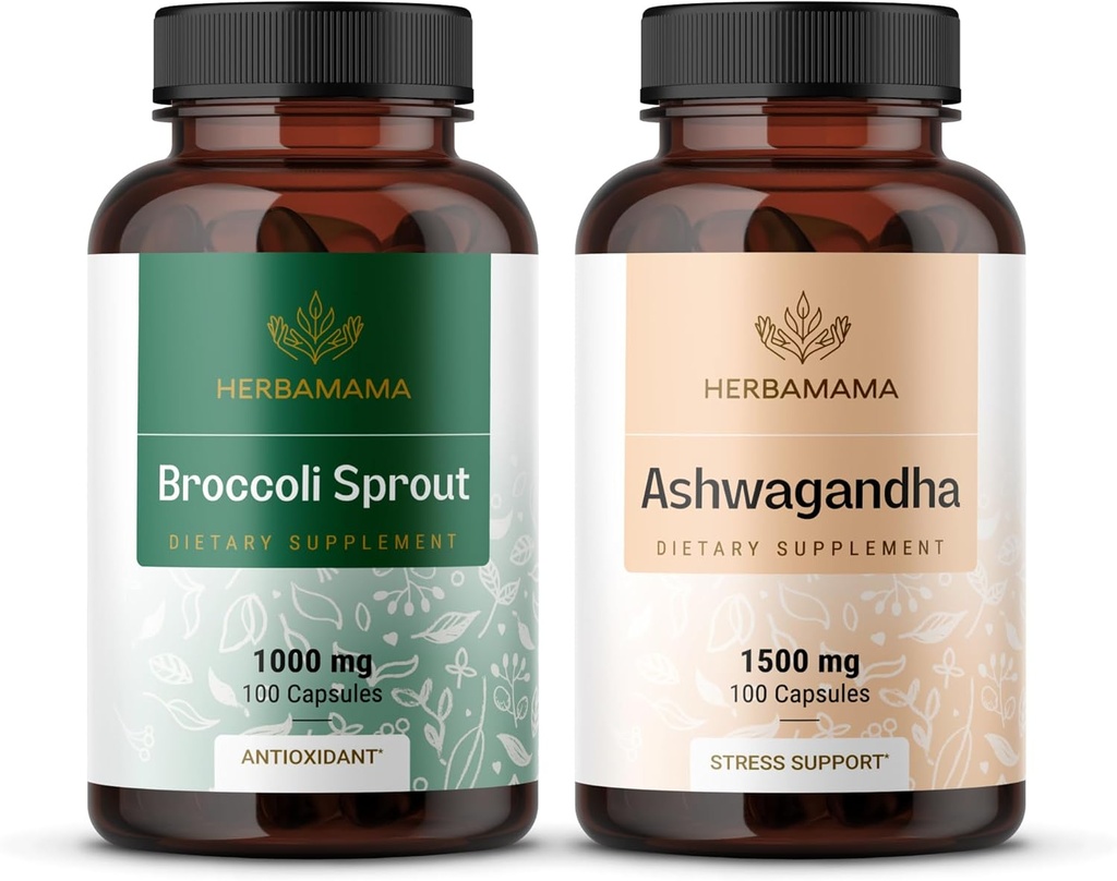 HerbAMAMA Brocoli Sprout and Ashwagandha Racine Kit - Ensemble de 1000 mg Brocoli Sprout et 1500 mg Ashwagandha Racine Capsules - Vegan, Non-OGM, Sucre et Sans Gélatine - 2 Pack