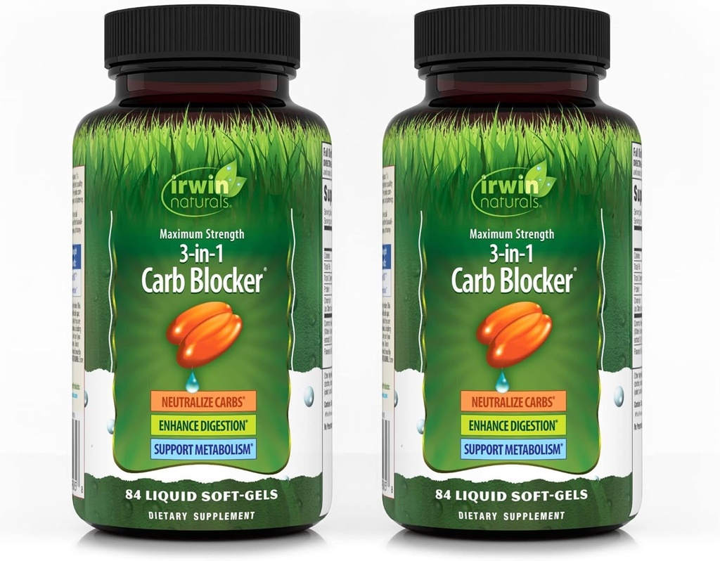 Irwin Naturals Résistance maximale 3-en-1 Blocker de glucides - Neutraliser les glucides, les aides à la digestion et le métabolisme Booster - Extrait de haricot blanc + Chrome + Enzyme Blend - 84 Soft-Gels - 2 Pack
