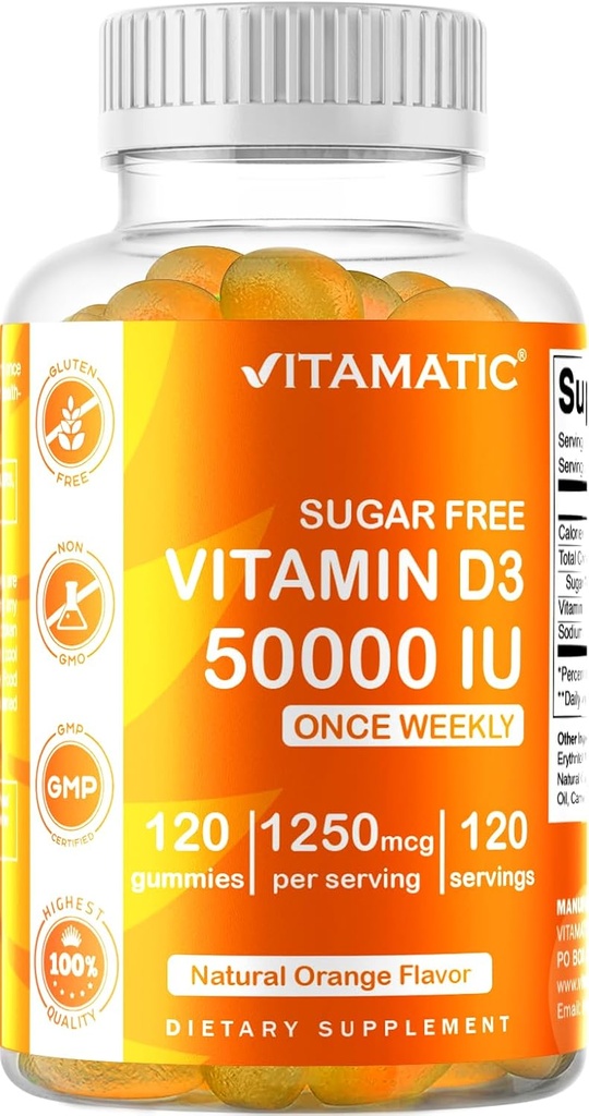 Vitamine D3 50 000 UI Supplément hebdomadaire - 120 Gummées à base de pectine - Capsules de vitamine D pour os, dents et immunosupport (50000 UI)