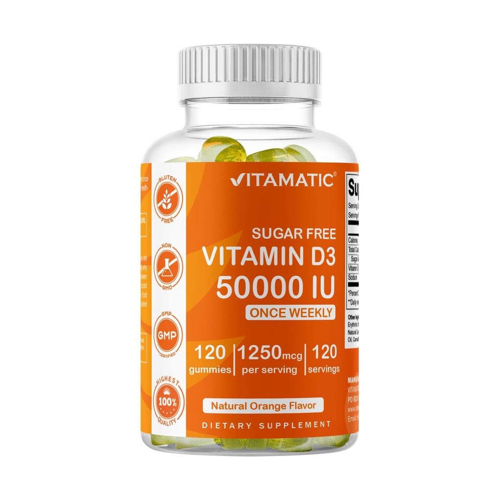 Vitamine D3 50 000 UI Supplément hebdomadaire - 120 Gummées à base de pectine - Capsules de vitamine D pour os, dents et immunosupport (50000 UI)