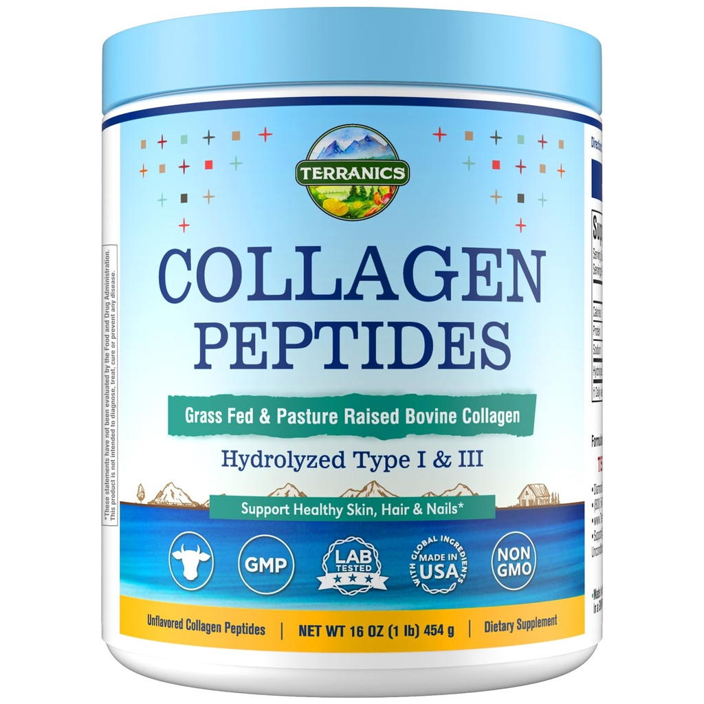 Terranics Hydrolyzed Collagen Peptides Poudre, herbe Fed et pâturage élevé Bovine, Type I & III Collagène pour les femmes, Pas de sucre, Pas d'hormones, Keto, Soutien beauté, Mélange facile, Non aromatisé, 16oz