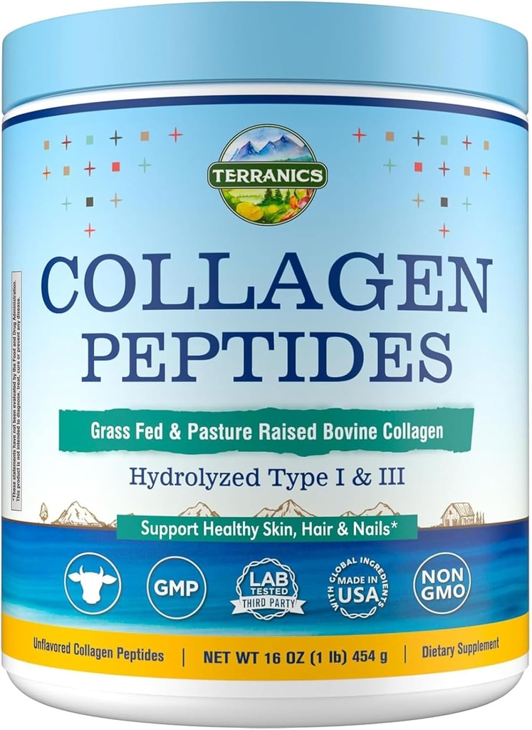 Terranics Hydrolyzed Collagen Peptides Poudre, herbe Fed et pâturage élevé Bovine, Type I & III Collagène pour les femmes, Pas de sucre, Pas d'hormones, Keto, Soutien beauté, Mélange facile, Non aromatisé, 16oz