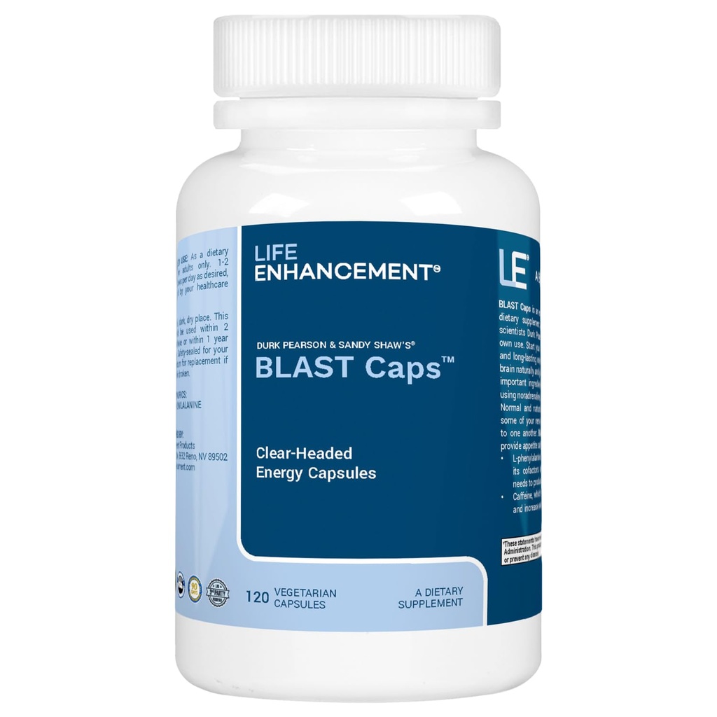 Bouchons de blast amélioration de la vie, 60 capsules - Supplément énergie et focus - Nootropics Supplément de soutien cérébral avec B12, Niacine, Caféine, Taurine, Phénylalanine, Vitamine C, et plus