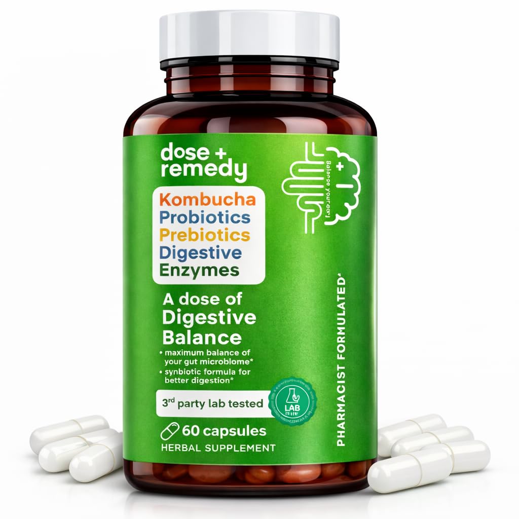 Une dose de complément pour la santé digestive Balance-Gut-USDA-Kombucha, 7 souches probiotiques et prébiotiques pour les enzymes microbiome-digestives pour le soulagement de la digestion-déplacement pour les femmes et les hommes
