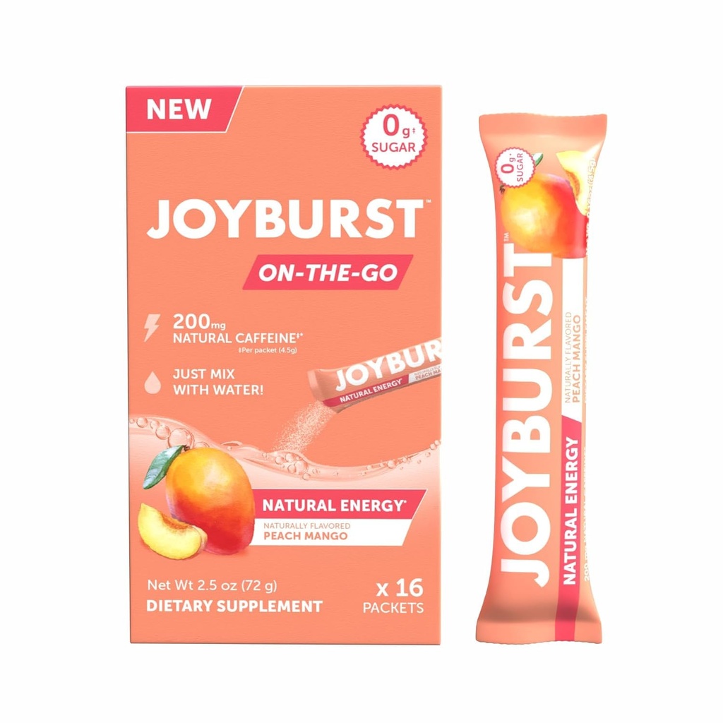 JOYBURST Mélange de boisson d'énergie, caféine naturelle (200mg) pour l'énergie durable, sans jitter, boisson d'énergie naturelle sur le trajet, sans sucre - 16 x 4g bâtonnets d'énergie (Peach Mango)