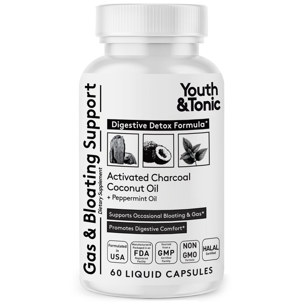 Pilules de charbon activées pour le soufflage et le dégazage pour soulager le système digestif et l'estomac avec de la menthe poivrée et de l'huile de coco biologique, pour les hommes et les femmes - 60 capsules liquides