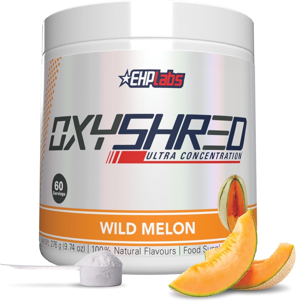 EHP Labs OxyShred Pre Workout Powder & Shredding Supplément - Preworkout Powder with L Glutamine & acétyl L Carnitine, Energy Boost Drink - Wild Melon, 60 portions