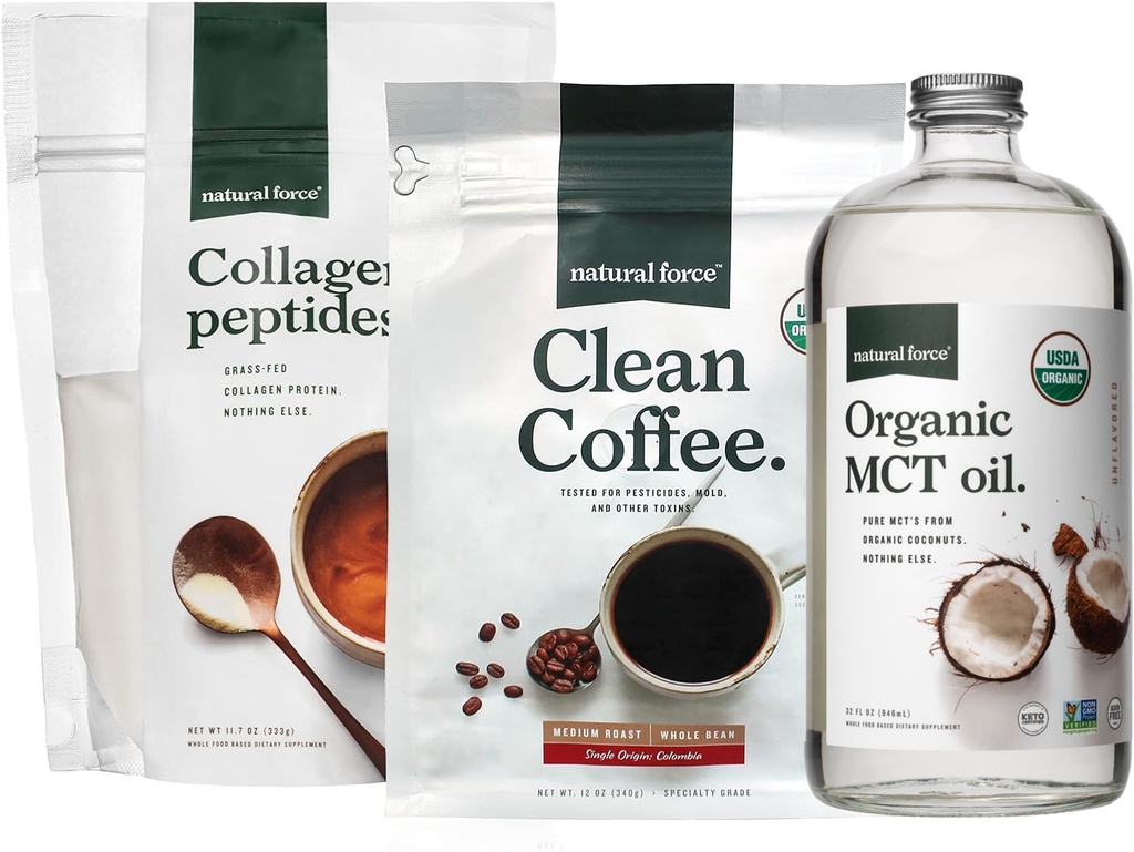 Café bio propre de force + peptides de collagène + mélange d'huile MCT biologique – café sans toxines, collagène à l'herbe et MCT - non-OGM, Keto et Paleo - 12 Oz, 11,7 Oz, 32 Oz