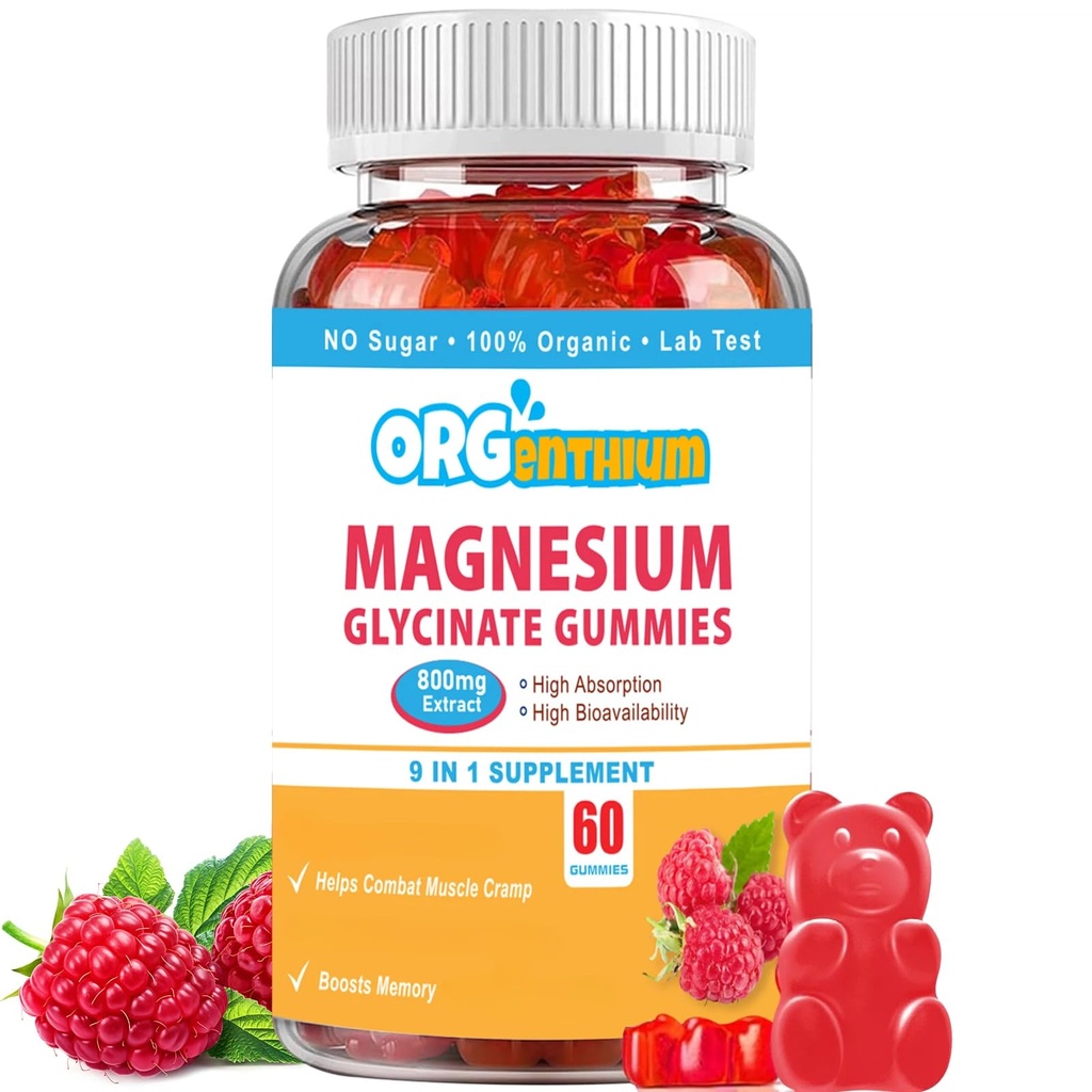 Glycinat de magnésium Gommies 500mg avec L-Thréonate, Vitamine D, B6, Potassium et CoQ10.