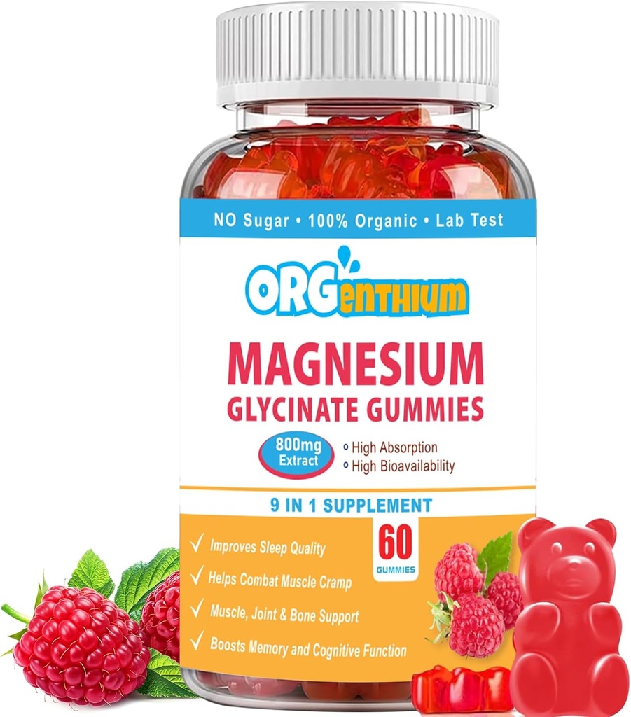 Glycinat de magnésium Gommies 500mg avec L-Thréonate, Vitamine D, B6, Potassium et CoQ10.