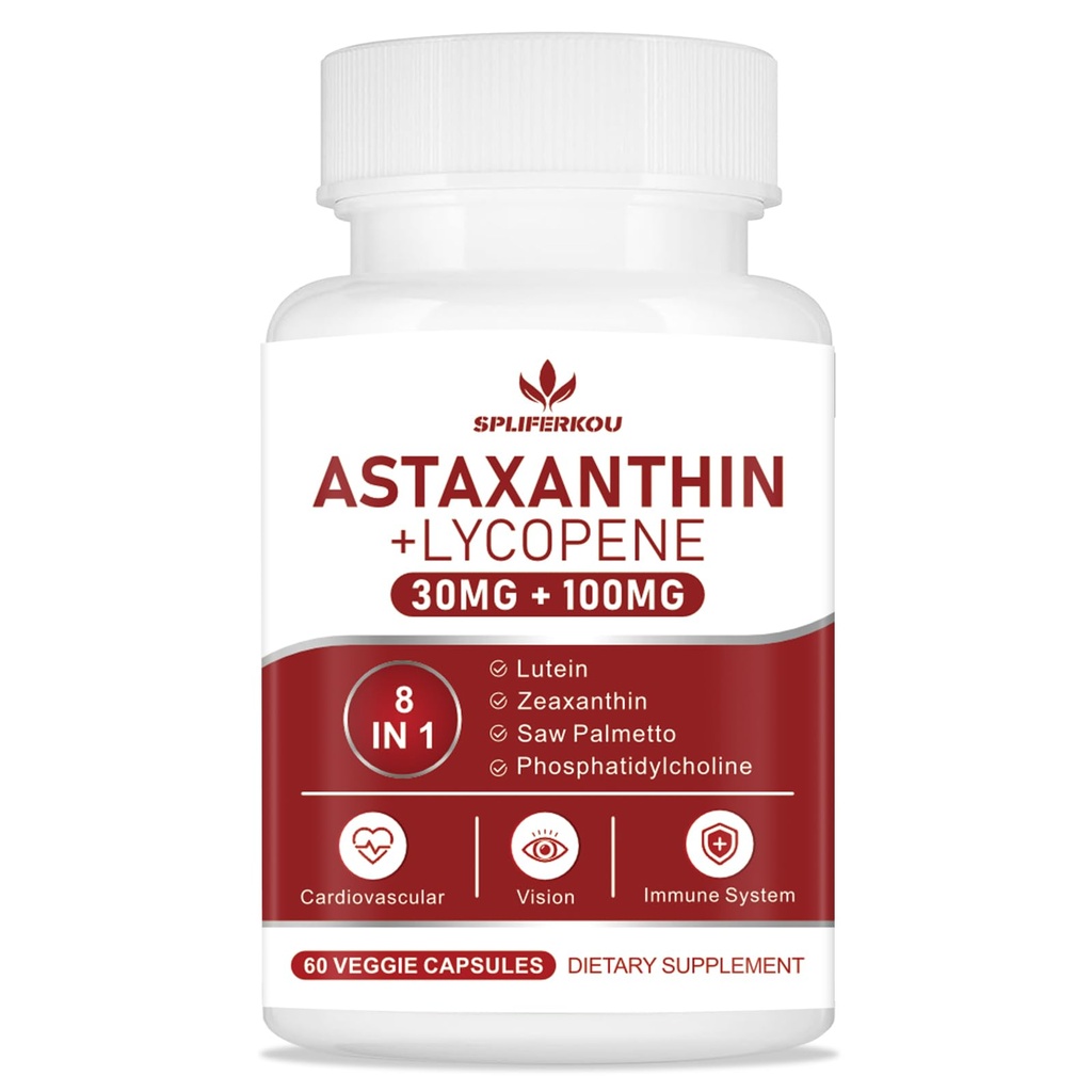 Astaxanthine et lycopène 70mg, supplément d'astaxanthine avec Phosphatidylcholine, Lutéine et Zeaxanthine, supplément puissant antioxydants pour la peau, les yeux et la santé articulaire (60 capsules)