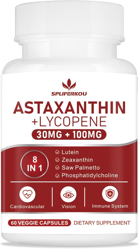 Astaxanthine et lycopène 70mg, supplément d'astaxanthine avec Phosphatidylcholine, Lutéine et Zeaxanthine, supplément puissant antioxydants pour la peau, les yeux et la santé articulaire (60 capsules)