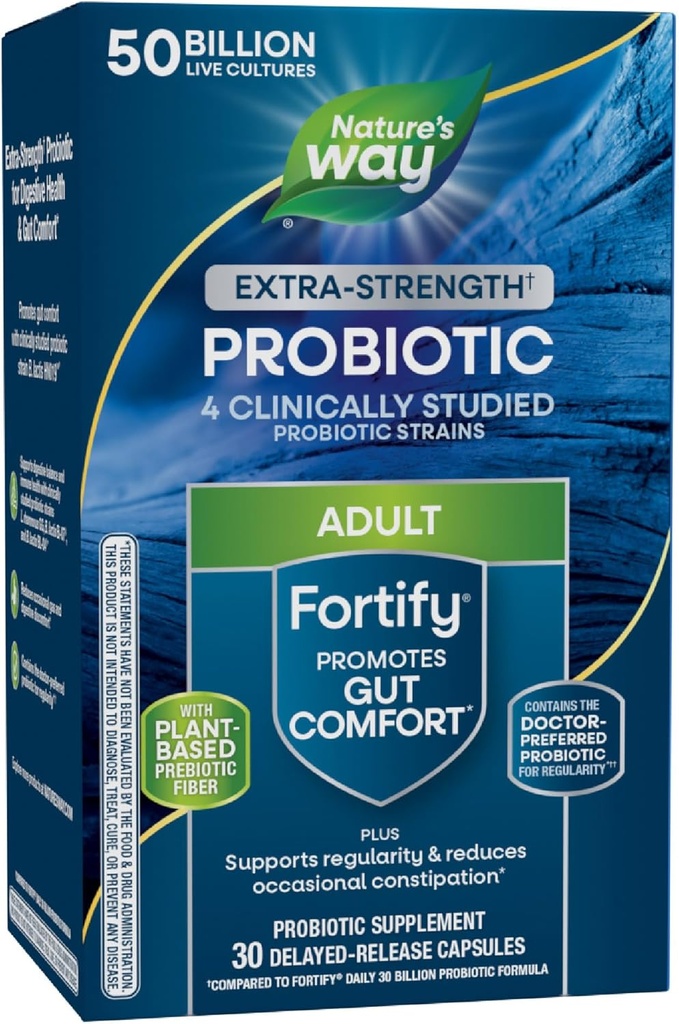 Nature's Way Extra Strength(1) Fortifier le probiotique, les probiotiques pour la santé digestive, les prébiotiques, 50 milliards de cultures vivantes, le soutien de la santé digestive et immunitaire*, 30 capsules