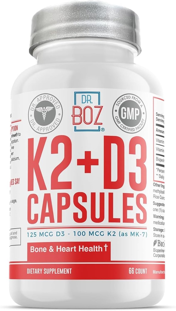 Dr Boz - Capsules K2+D3, 66 portions - Supplément vitamine D3 K2 avec biopérine - os et santé cardiaque - Absorption améliorée - Test de qualité - Fabriqué aux États-Unis - 5000iu (D3) - 400iu (K2) - Self Care