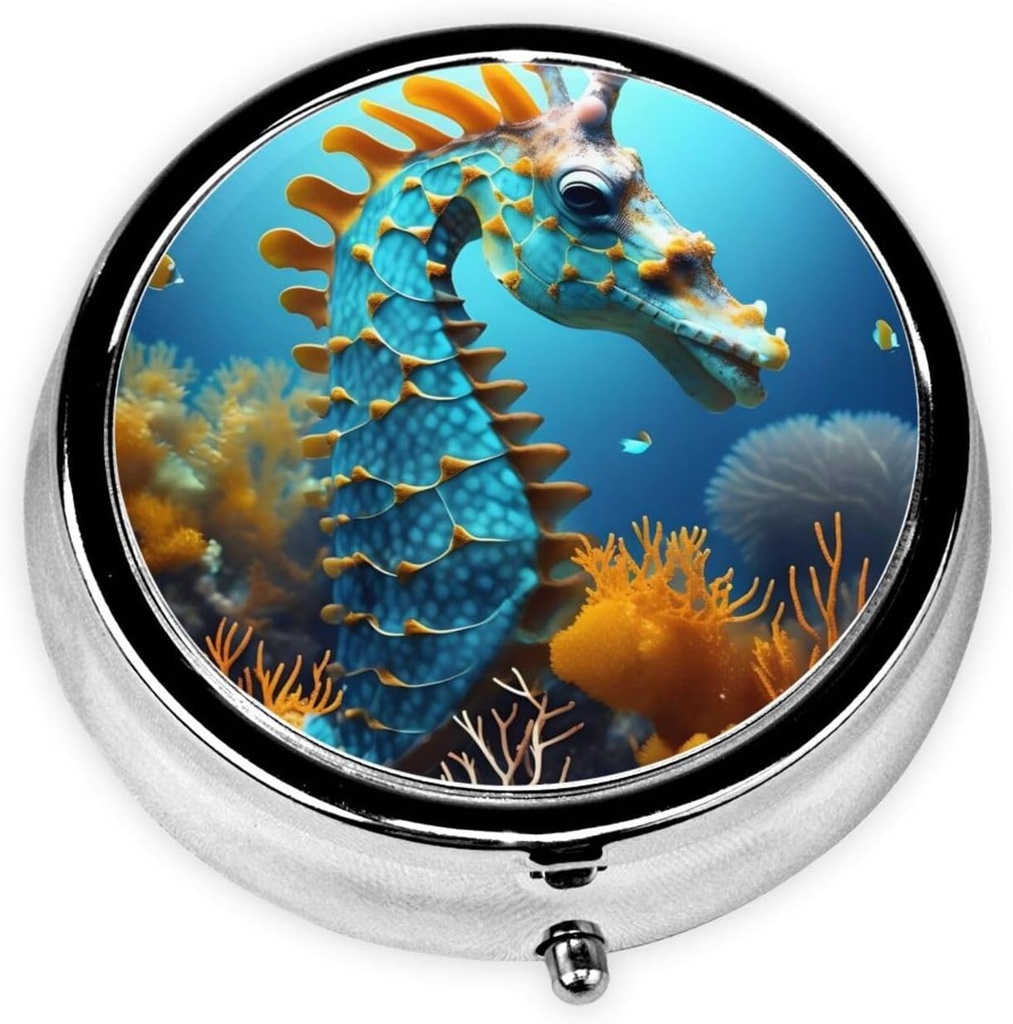 Boîte à pilules, petite boîte à pilules pour la Purse & Pocket, organisateur de médecine mignon Voyage Pillbox, porte-conteneur de pilules portable pour tenir les vitamines, médicaments, huile de poisson et suppléments, hippocampe bleu