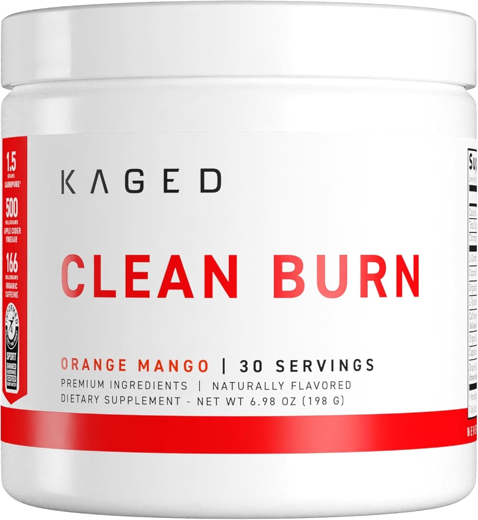 Kaged Clean Burn Powder.com Orange Mango.com Gestion du poids thermogénique.com Boost Métabolisme.com Caféine biologique, vinaigre de cidre de pomme.com Suppléments pour les hommes et les femmes.