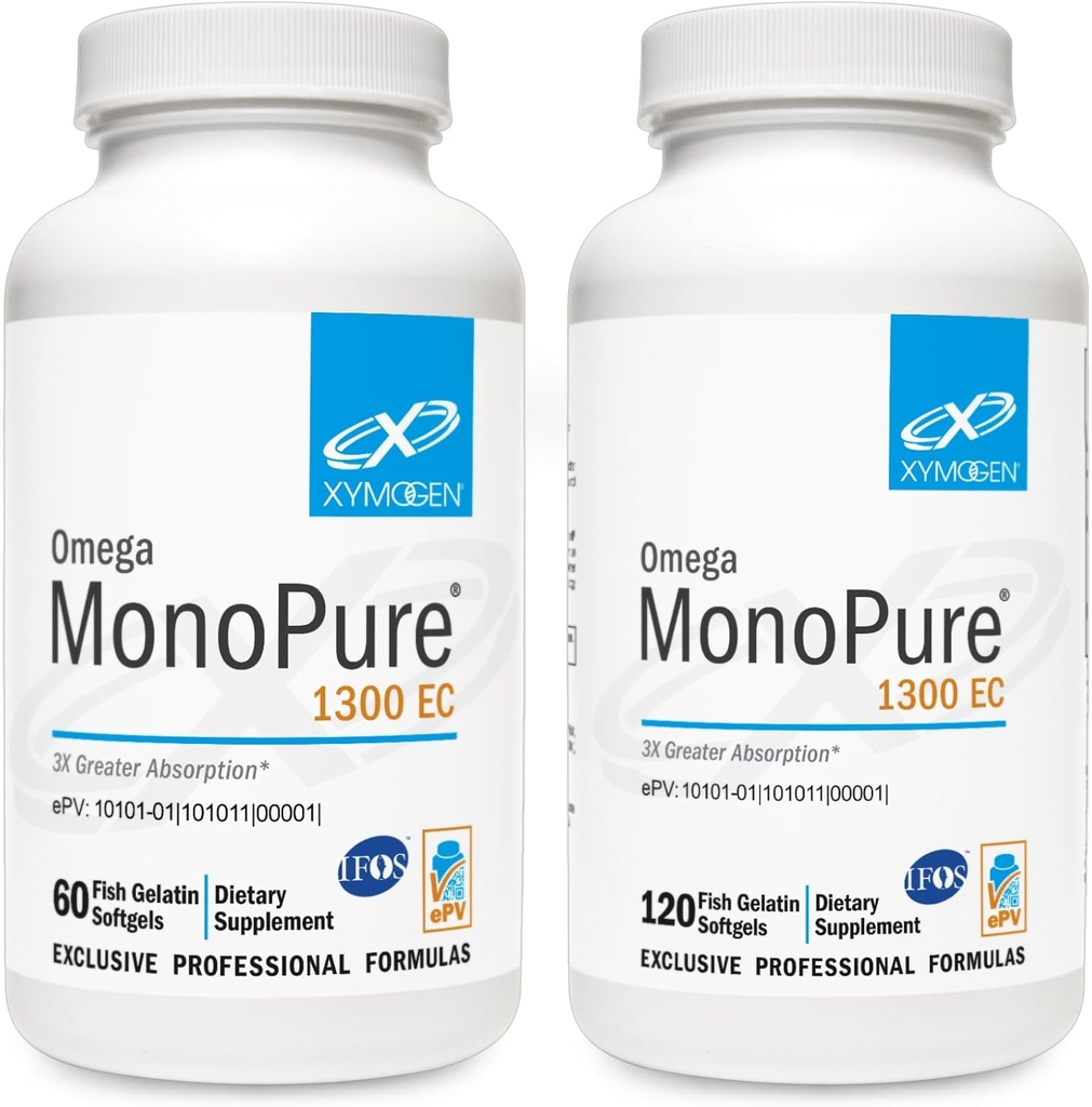 XYMOGEN Omega MonoPure 1300EC Bundle - 60 Softgels + 120 Softgels - Huile de poisson avec 3X plus grande absorption - Supplément Omega 3 DHA EPA pour la santé cardiaque + soutien cognitif