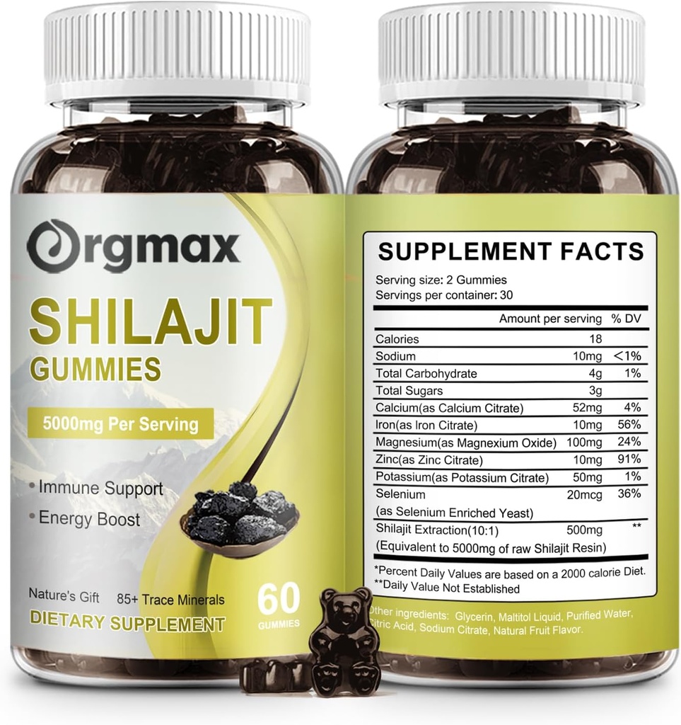 Shilajit Pure Himalayan Organic Shilajit Gummies,5000MG Supplément Shilajit pour les hommes et les femmes avec 85+Trace Minerals & Fulvic Acid, Support pour Focus, Energy & Immune, Non-GMO=60 Compte,2 Packs