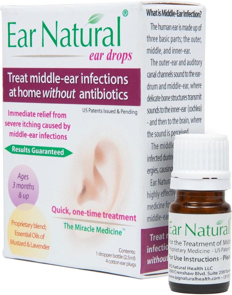 EarNatural® – Traitement des infections de l'oreille moyenne, des maux d'oreille, des démangeaisons – Soulagement en moins d'une minute – en un seul traitement – Ingrédients 100% naturels, fabriqués aux États-Unis – Brevets émis et en attente