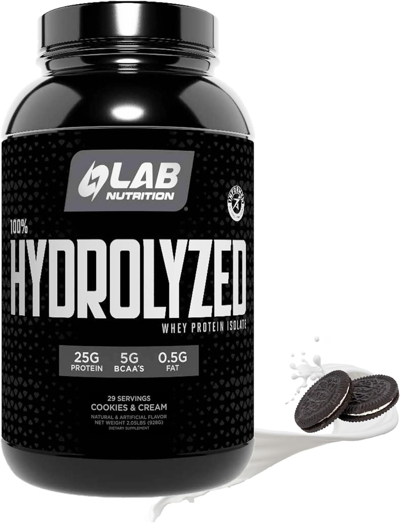 100% Hydrolyzed Whey Protein Isolate (2 Pounds, Cookies and Cream Flavor) 25gr of Protein, Build Muscle, Lean Muscle Growth, Easy Digestion, Gluten Free, Lactose Free, Fast Absorbing.