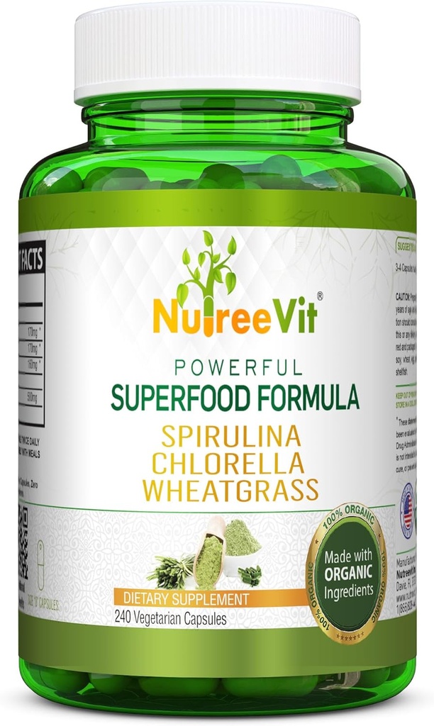 NutreeVit Pure 100 % Spiruline biologique + Chlorella + Blé - Powerful Superfood - Capsules de Véggie