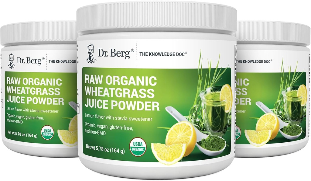 Dr Berg's Raw Wheatgrass Juice Powder (60 portions) - USDA Certified Organic Wheatgrass Powder w/ Chlorophylle, Trace Minerals & Natural Enzymes - Ultra-Concentré - Lemon Flavor w/ Stevia 3 Pack