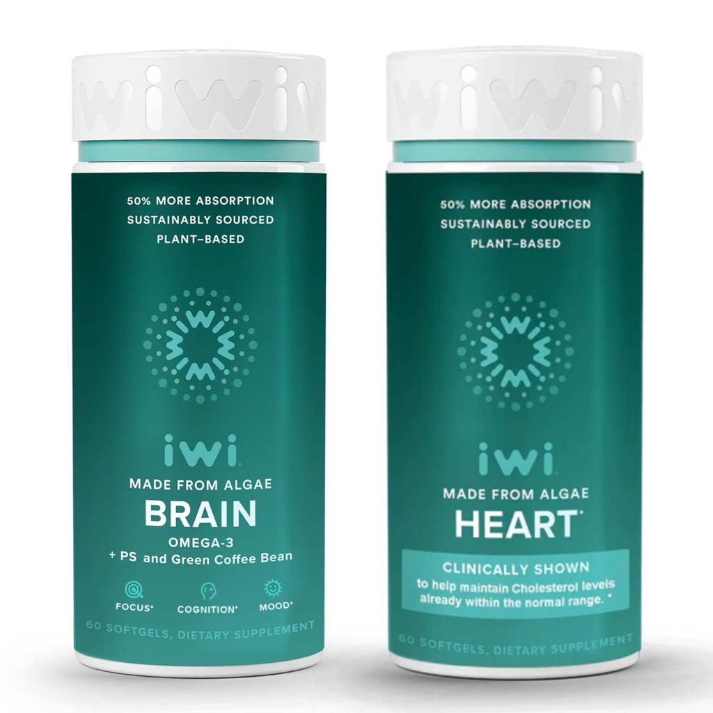 Iwi Life Cerveau et cœur Omega-3 Bundle, 30 portions, Algae végétalien à base végétale Omega 3, Krill & Fish Oil Alternative, Aucun arrière-goût de poisson