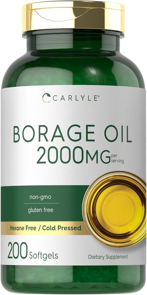 Supplément d'huile de borage de Carlyle $ 2000mg $ 200 Capsules Softgel $ 320mg de GLA $ Cold Pressed & Hexane Free $ Non-OGM & sans gluten