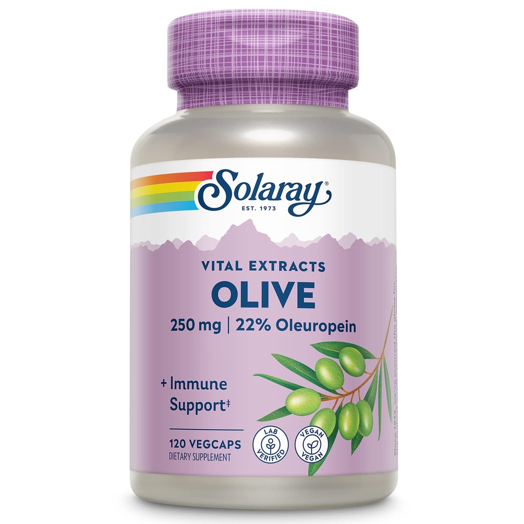 SOLARAY Olive 250mg - Capsules d'extrait de feuille d'olive avec 22% Oleuropein, Plus Baume de citron - Supplément de polyphénols pour le bien-être - Vegan, garantie de 60 jours, laboratoire vérifié - 120 portions, 120 VegCaps