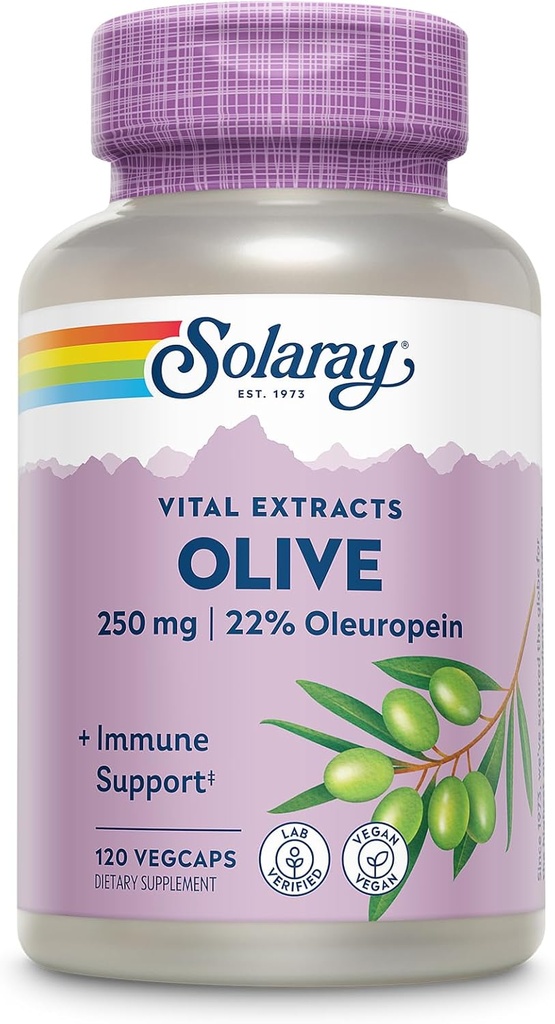 SOLARAY Olive 250mg - Capsules d'extrait de feuille d'olive avec 22% Oleuropein, Plus Baume de citron - Supplément de polyphénols pour le bien-être - Vegan, garantie de 60 jours, laboratoire vérifié - 120 portions, 120 VegCaps