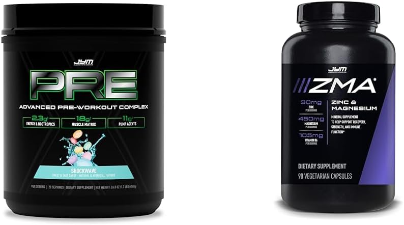 PRE JYM X - Shockwave Pre Workout Powder & JYM ZMA Zinc/Magnesium Capsules Supplement - Zinc, Magnesium and Vitamin B6 | 90 Vegetarian Capsules