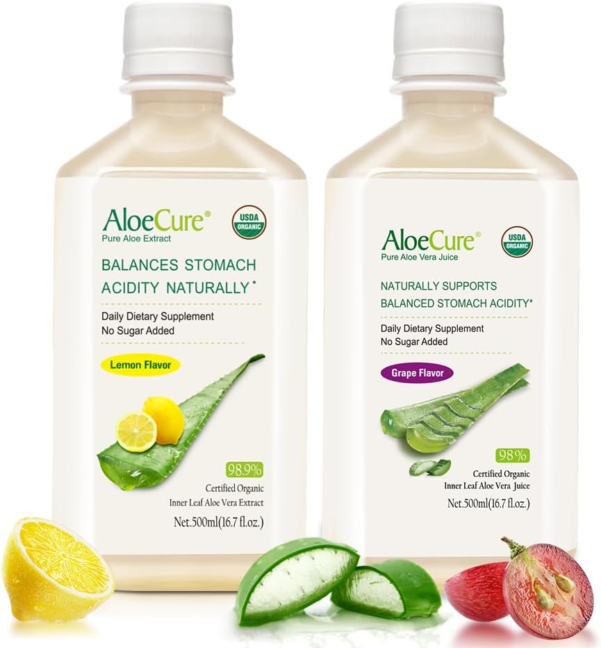 AloeCure Bio Aloe Vera Jus - 2 flacons d'échantillons - Citron et arômes de raisin - 2x500ml