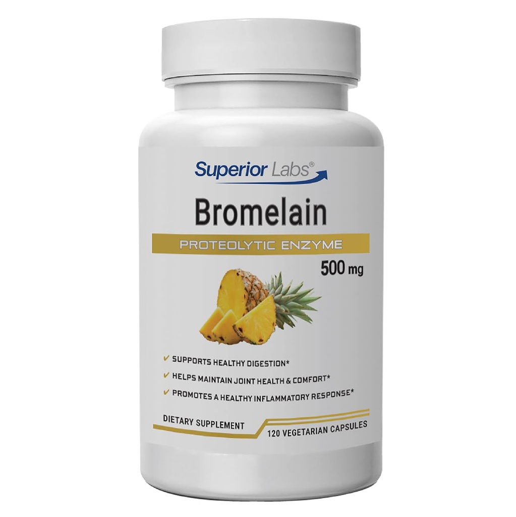 Superior Labs Bromelain 500mg – 2400 GDU/Gram Enzyme d'ananas non OGM, soutien digestif à base végétale, favorise le confort articulaire et la santé tissulaire – 120capsules de vésicule