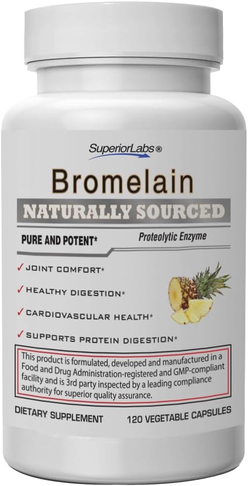Superior Labs Bromelain 500mg – 2400 GDU/Gram Enzyme d'ananas non OGM, soutien digestif à base végétale, favorise le confort articulaire et la santé tissulaire – 120capsules de vésicule