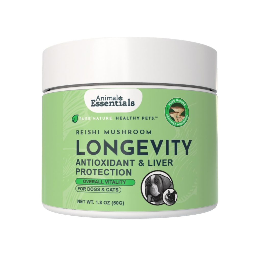 Essentiels animaux LONGEVITÉ Reishi Supplément de champignons pour chiens et chats - Fonction cardiovasculaire et hépatique saine, soutient la santé à long terme, Extrait de poudre de champignons, Antioxydant - 1,8 Oz (paquet de 1)