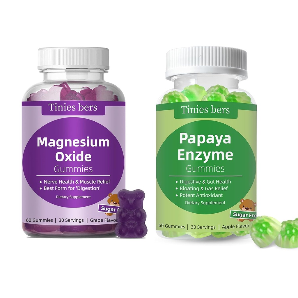 Petites bières Papaya Enzyme Gommies et Magnésium Oxyde Gommies, Santé digestive pour les adultes et les enfants, Vegan, Sans sucre, Non-OGM, Pectine