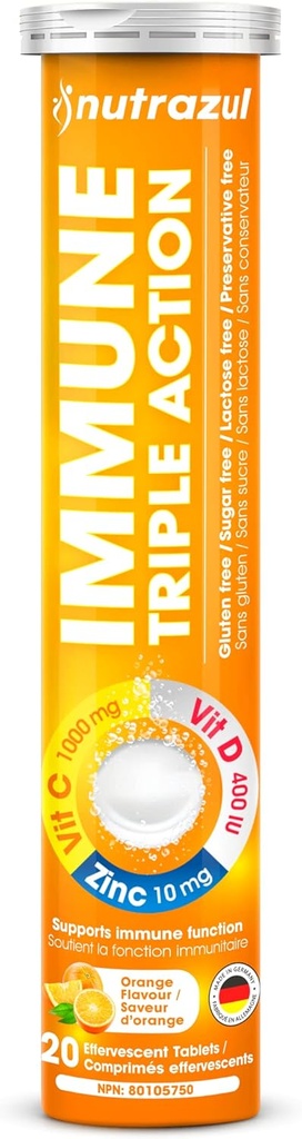 nutrazul Immune Triple Action Comprimé effervescent -1000 mg Vitamine C, Vitamine D, Zinc I Orange 20's I Sans gluten, sans sucre, sans lactose et sans conservateur Je maintient la fonction immunitaire