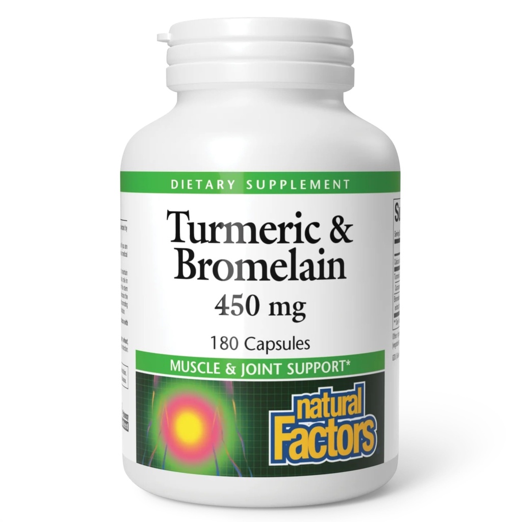 Facteurs naturels, curcuma et bromelain 450 mg, soutien musculaire et articulaire, 180 capsules