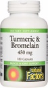 Facteurs naturels, curcuma et bromelain 450 mg, soutien musculaire et articulaire, 180 capsules