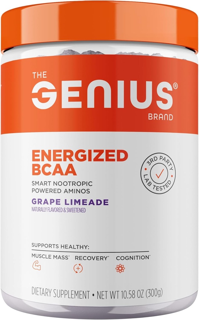 Genius BCAA Poudre - 5g Vegan BCAAs L-Glutamine, Cognizin & Rhodiola Muscle Recovery Energy Support 100mg Caféine Pré, Intra, Supplément Nootropique post-entraînement pour Focus & Performance - Grape Limeade