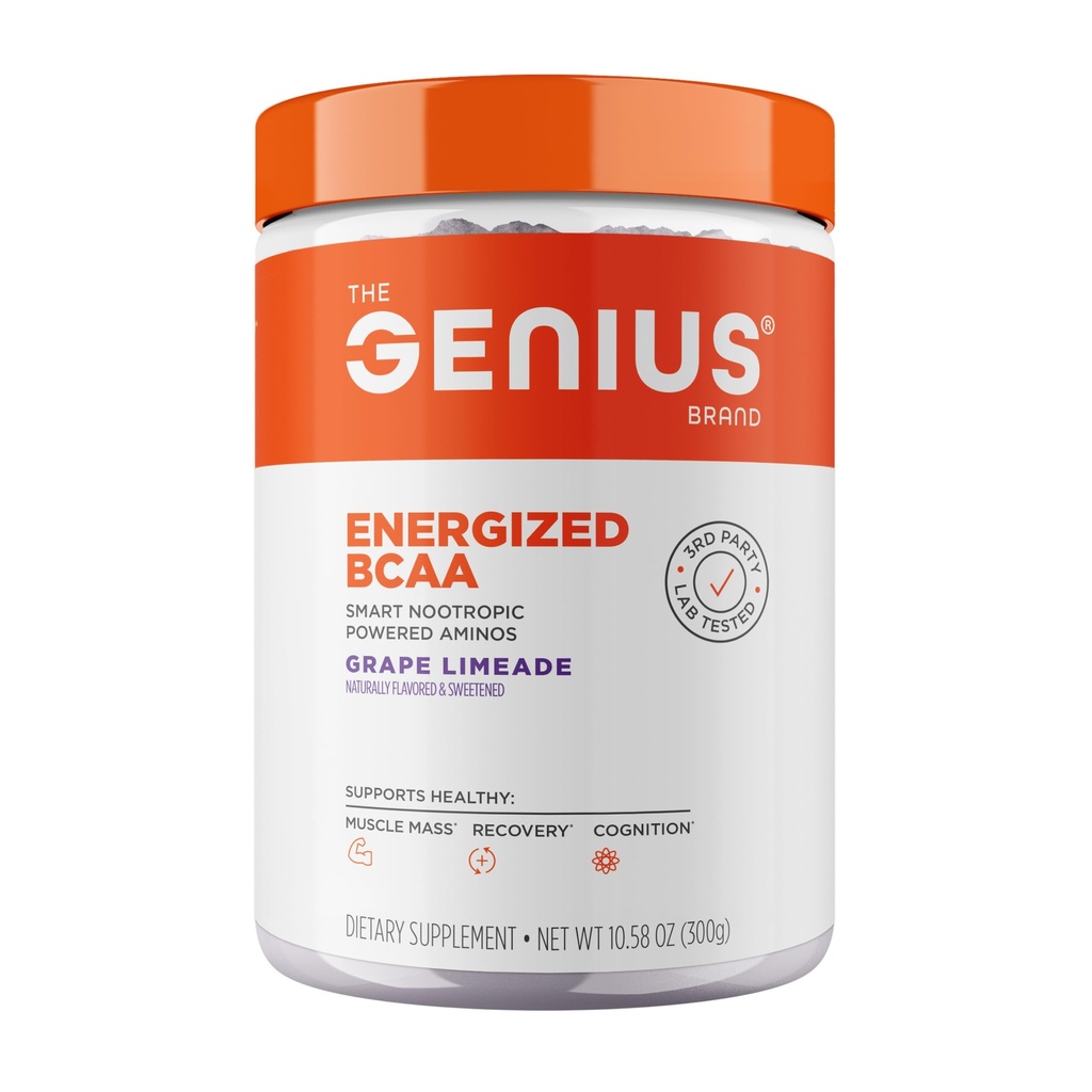 Genius BCAA Poudre - 5g Vegan BCAAs L-Glutamine, Cognizin & Rhodiola Muscle Recovery Energy Support 100mg Caféine Pré, Intra, Supplément Nootropique post-entraînement pour Focus & Performance - Grape Limeade