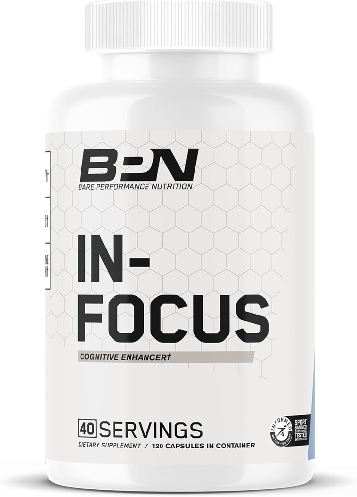 BARE PERFORMANCE NUTRITION BPN in-Focus Brain Supplement for Memory & Focus Caffeine Pills, 1g of L Tyrosine per Serving + Alpha GPC, 40 Servings, Gluten Free + Vegan