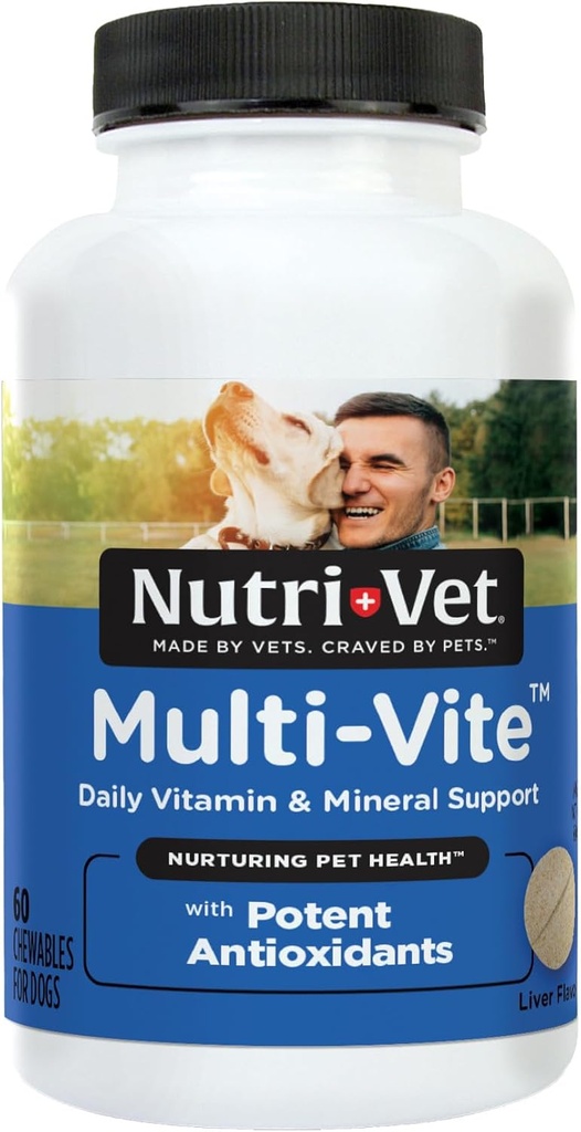 Nutri-Vet Multi-Vite Chewables pour chiens adultes, Vitamines et minéraux de chien quotidien, soutient une alimentation équilibrée, multivitamine d'animal, soutient la santé articulaire, immunitaire et cardiovasculaire dans les canines, 60 comtes