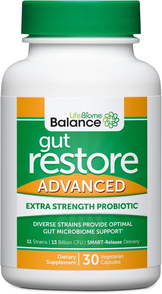 Drew Sinatras LifeBiome Gut Restore Probiotique de microbiome à résistance maximale avec botaniques fermentés, 11 souches multiples, 30 capsules une fois par jour, végétarien, soja, lait et sans gluten