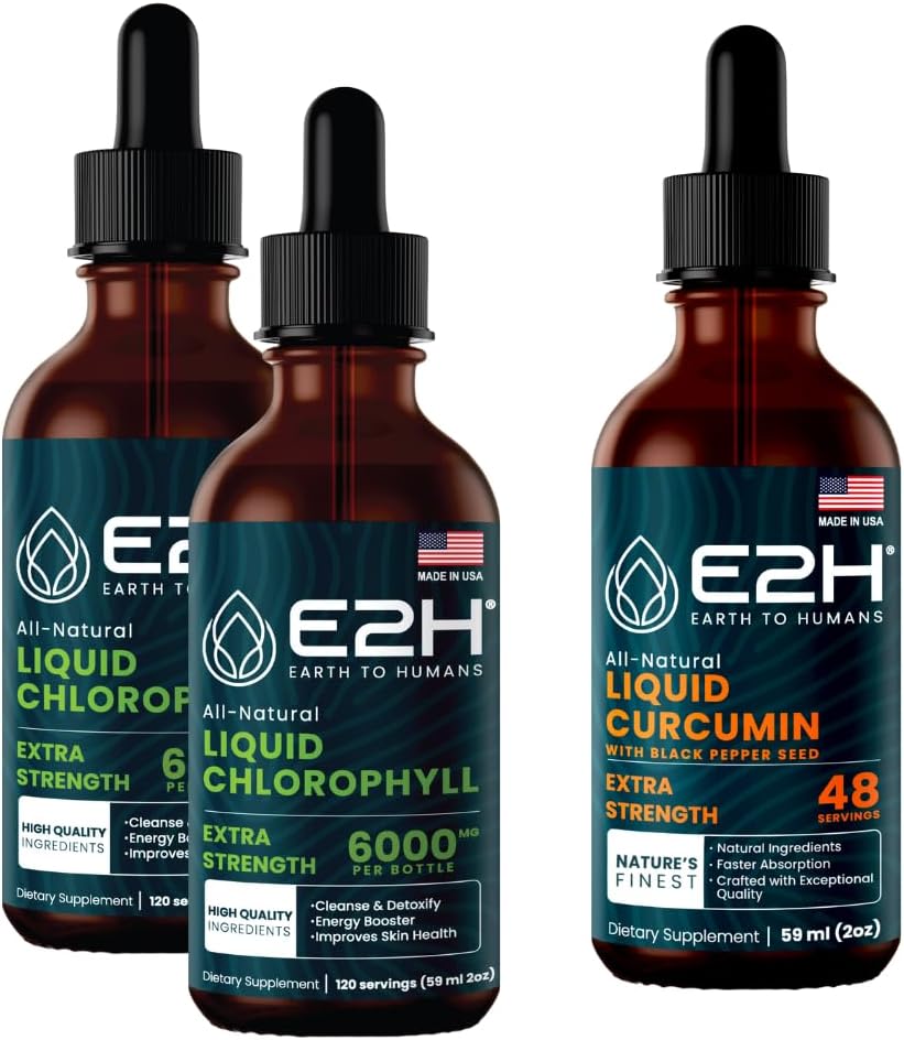 E2H: gouttes liquides de chlorophylle (2 emballages - 4 fl Oz) et curcumine curcumine curcumaire liquide (Bouteille unique - 2 fl Oz)