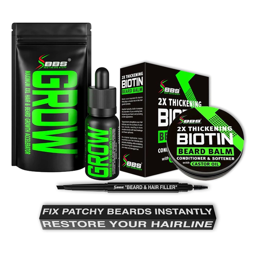 Kit de croissance de la barbe avec l'huile de barbe GROW pour les hommes + 2X Baume de la barbe biotine épais pour les hommes + Remplisseur de la barbe pour les hommes (couleur de la barbe noire pour les hommes) USA