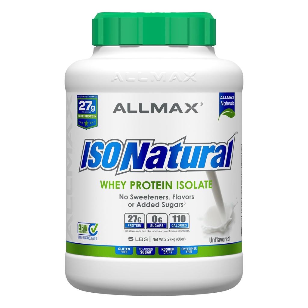 ALLMAX ISONATURAL Isolation des protéines de lactosérum, non aromatisée - 5 lb - 27 grammes de protéines par scoop - Zéro gras et sucre - 99% Sans lactose - avec prébiotiques - Pas d'arôme artificiel - Environ 78 portions