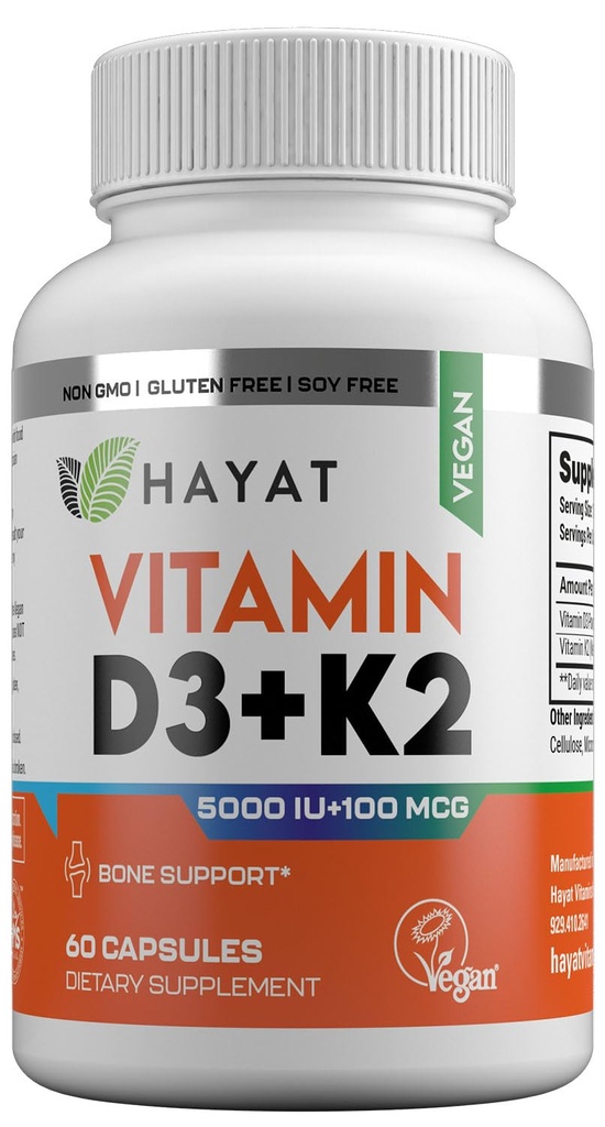 Vitamines HAYAT Vitamine végétalienne D3+K2 (5000 UI + 100 MCG), supplément alimentaire pour os, dents, muscles et immunitaires, 2 mois d'approvisionnement, halal certifié, 60 capsules, fabriqués aux États-Unis